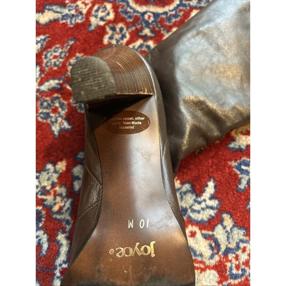 Vintage Joyce California Brown Leather Knee High Boots Block Heel